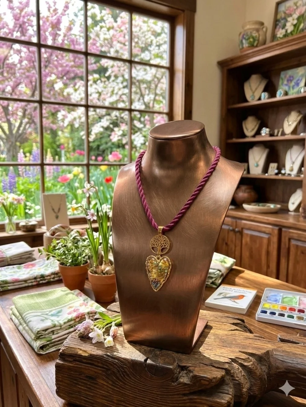 Abalone Gold Tree of Life Heart Pendant Necklace on Burgundy Cord